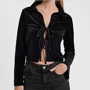 Woman's Express Black Velvet Bow Tie Front Top